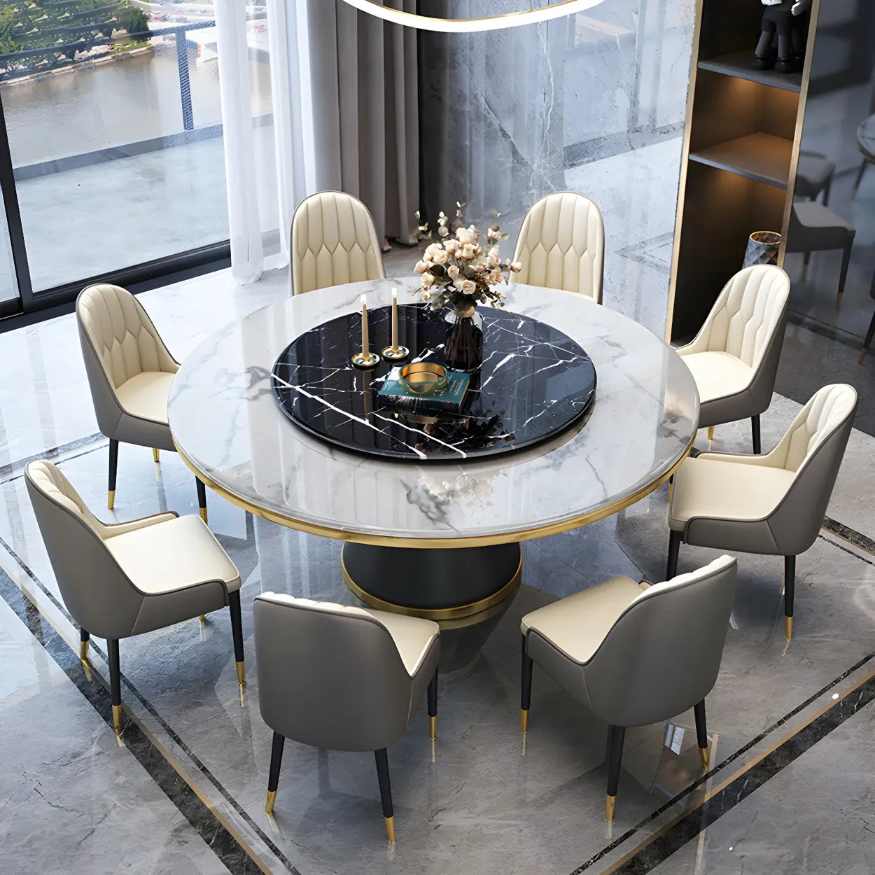 Round Marble Lazy Susan Dining Table — Without Chairs / White