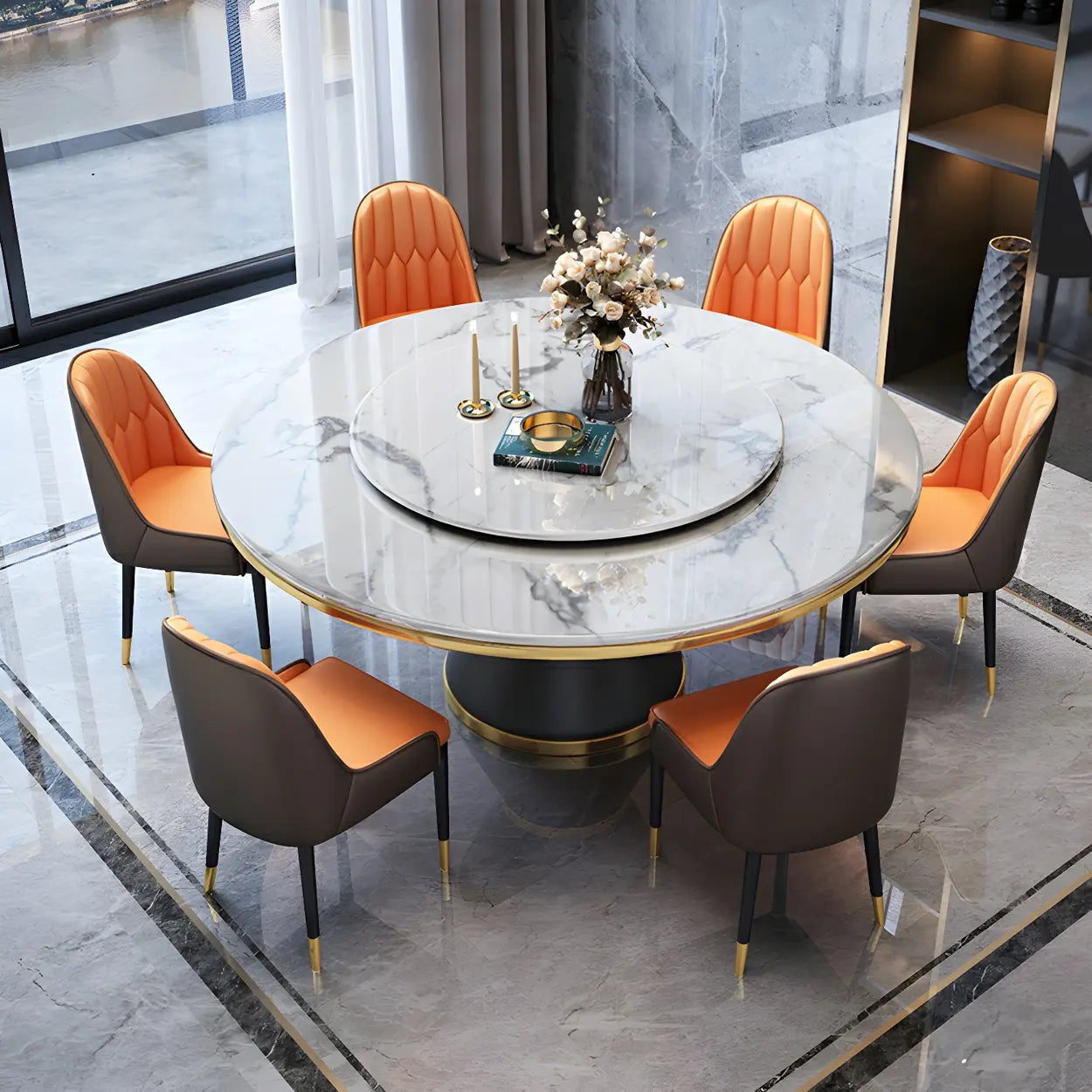 Round Marble Lazy Susan Dining Table — Without Chairs / Black/ White