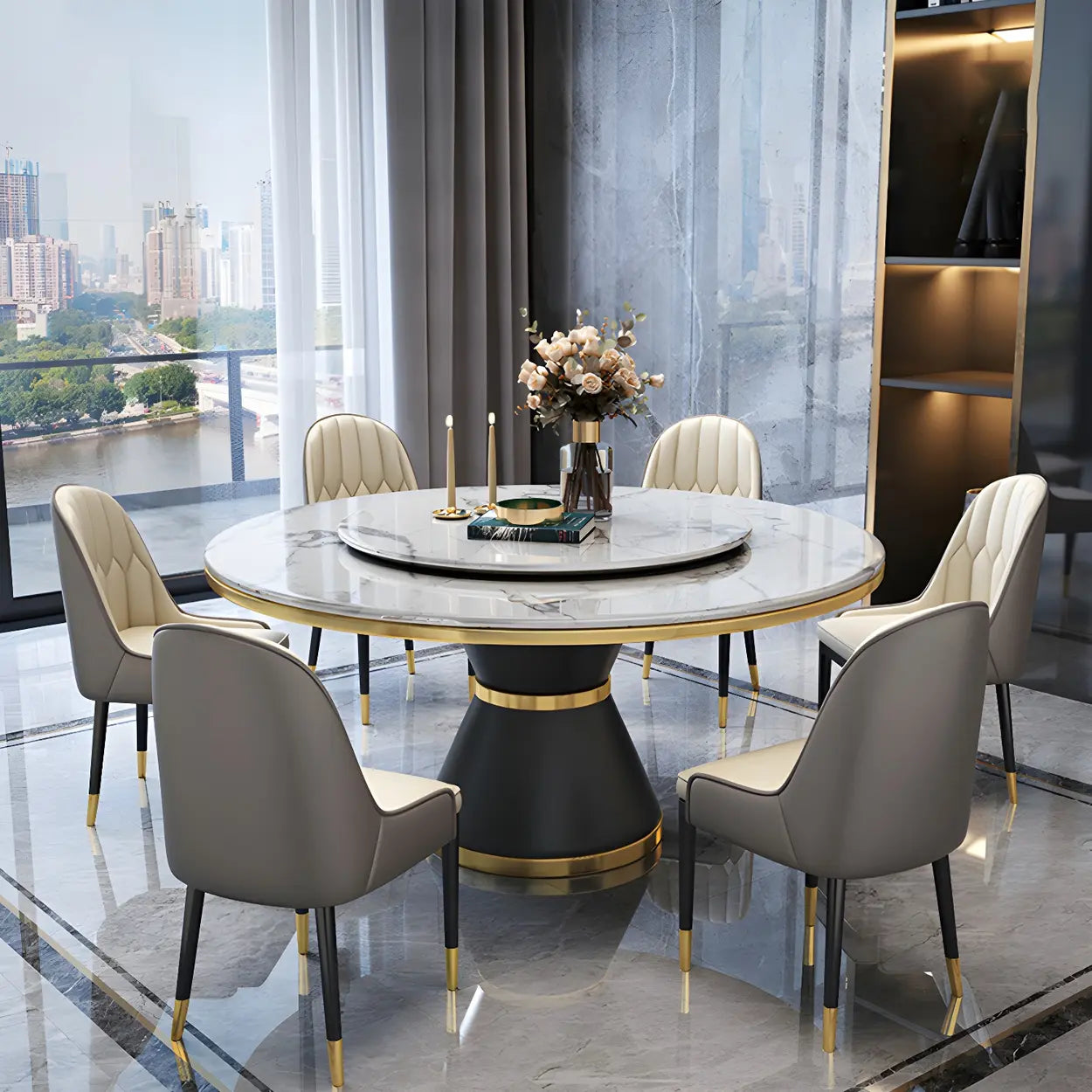 Round Marble Lazy Susan Dining Table — Without Chairs / White