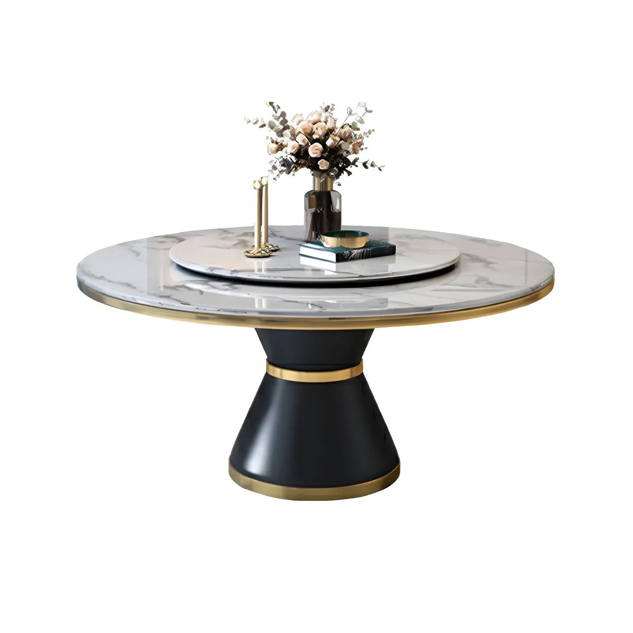 Round Marble Lazy Susan Dining Table — Without Chairs / Black/ White