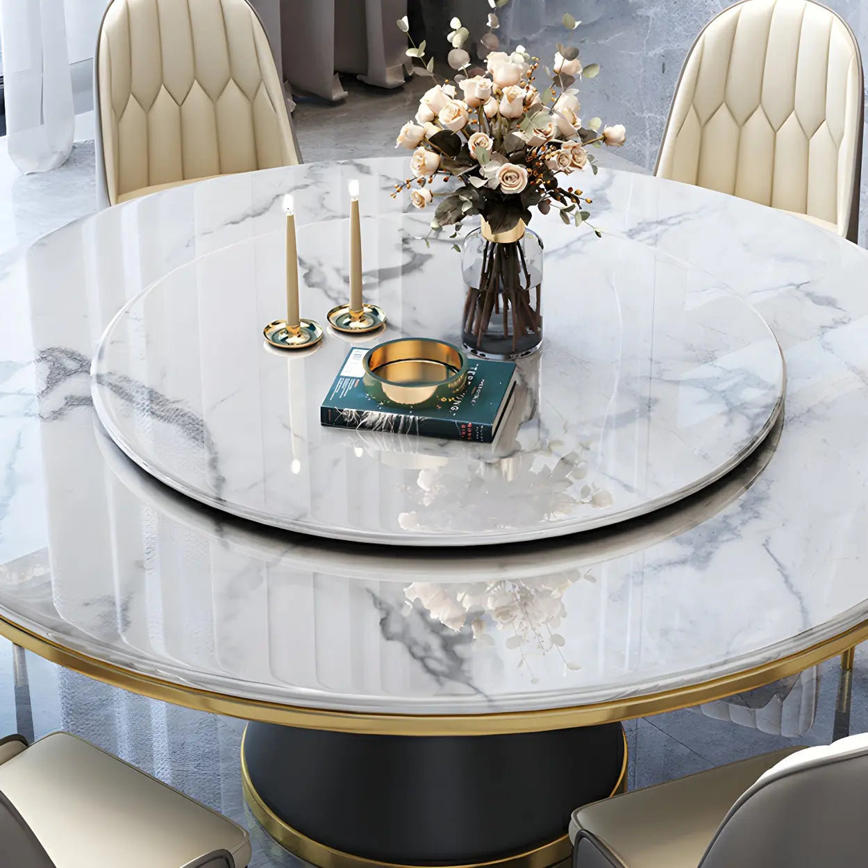 Round Marble Lazy Susan Dining Table — Without Chairs / White
