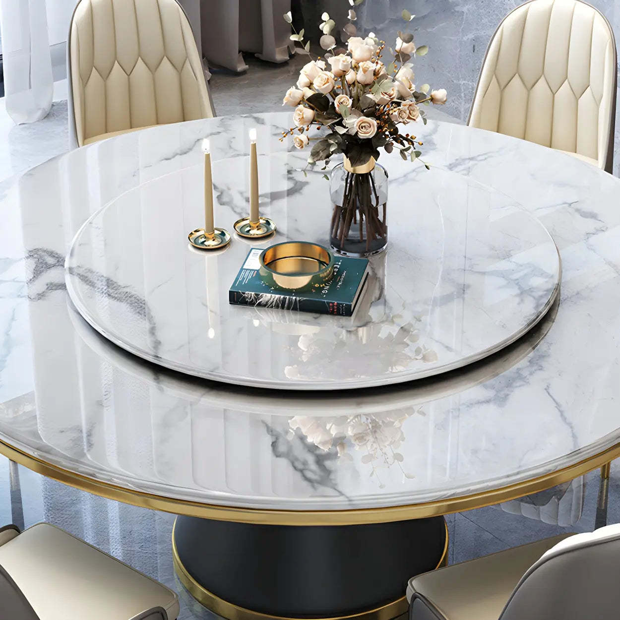 Round Marble Lazy Susan Dining Table — Without Chairs / White
