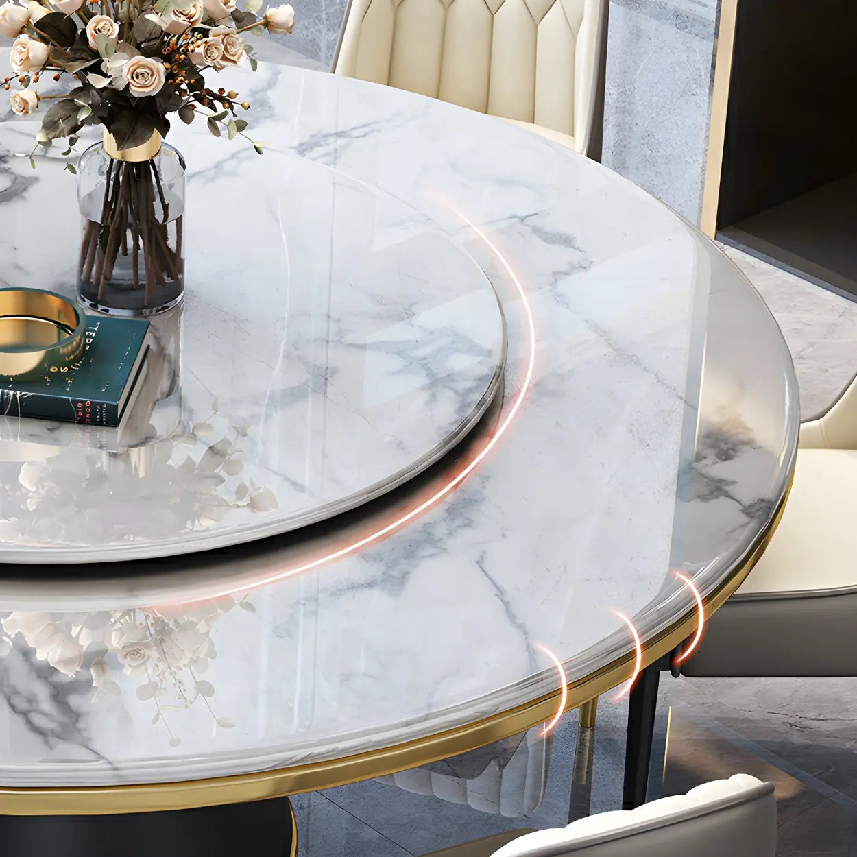 Round Marble Lazy Susan Dining Table — Without Chairs / Black/ White