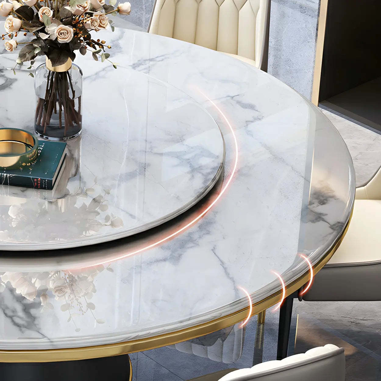 Round Marble Lazy Susan Dining Table — Without Chairs / Black/ White