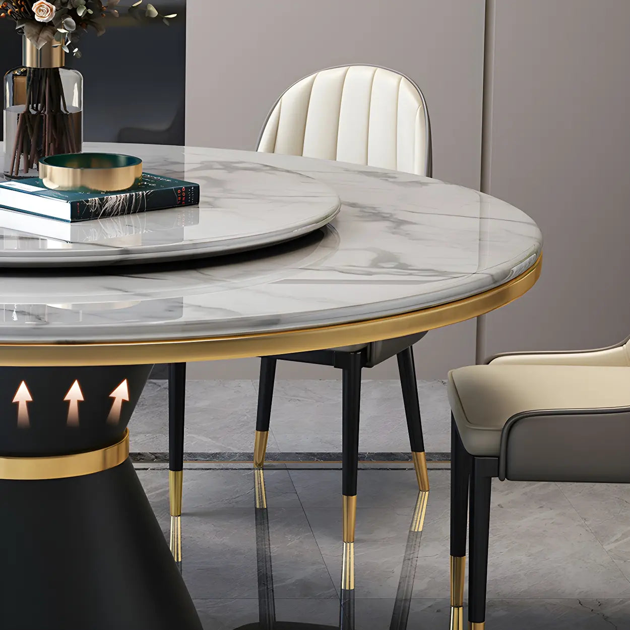 Round Marble Lazy Susan Dining Table — Without Chairs / White