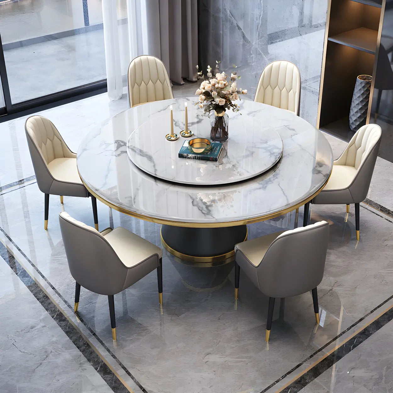 Luxury Round White Marble Dining Table — Blue / Table Only