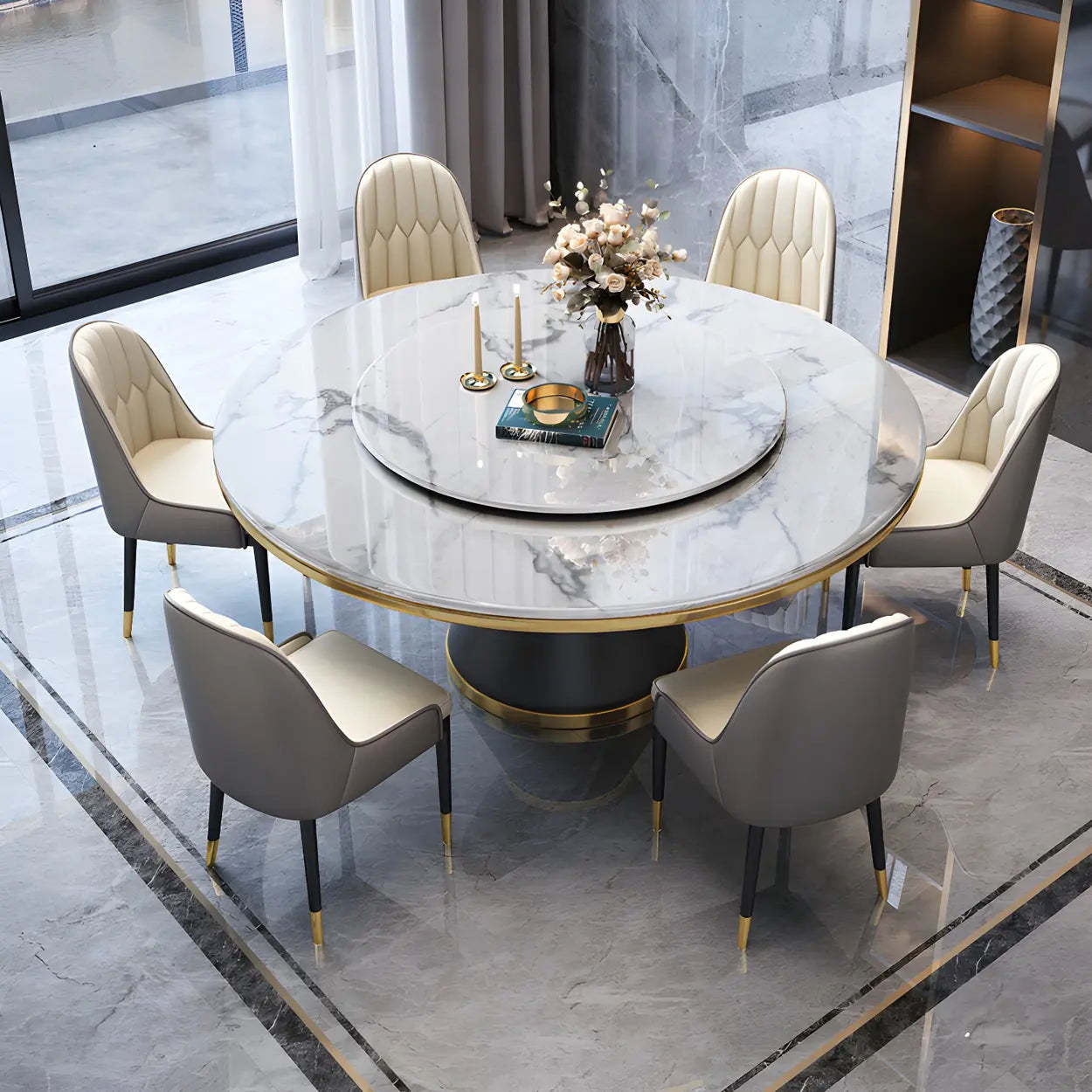 Luxury Round White Marble Dining Table — Blue / Table Only