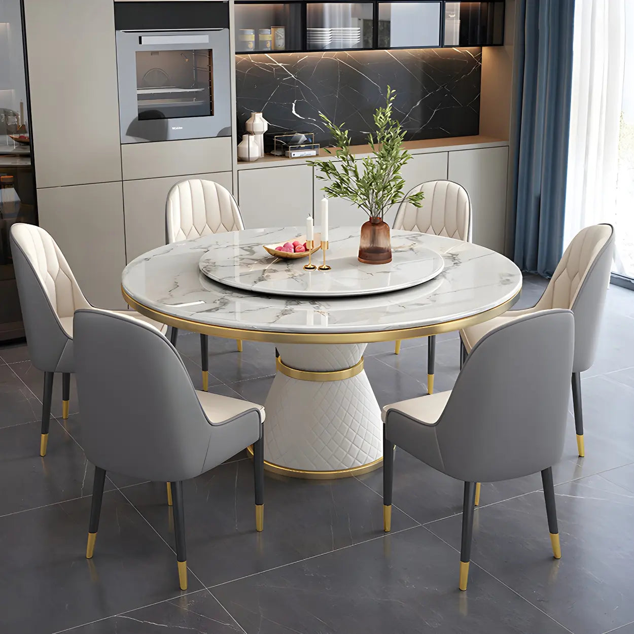 Luxury Round White Marble Dining Table — Black / Table Only