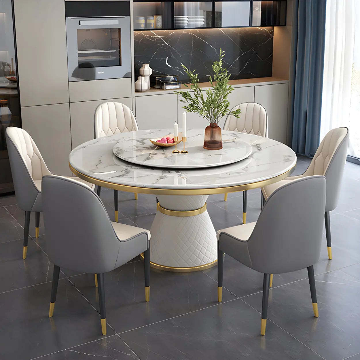 Luxury Round White Marble Dining Table — Black / Table Only