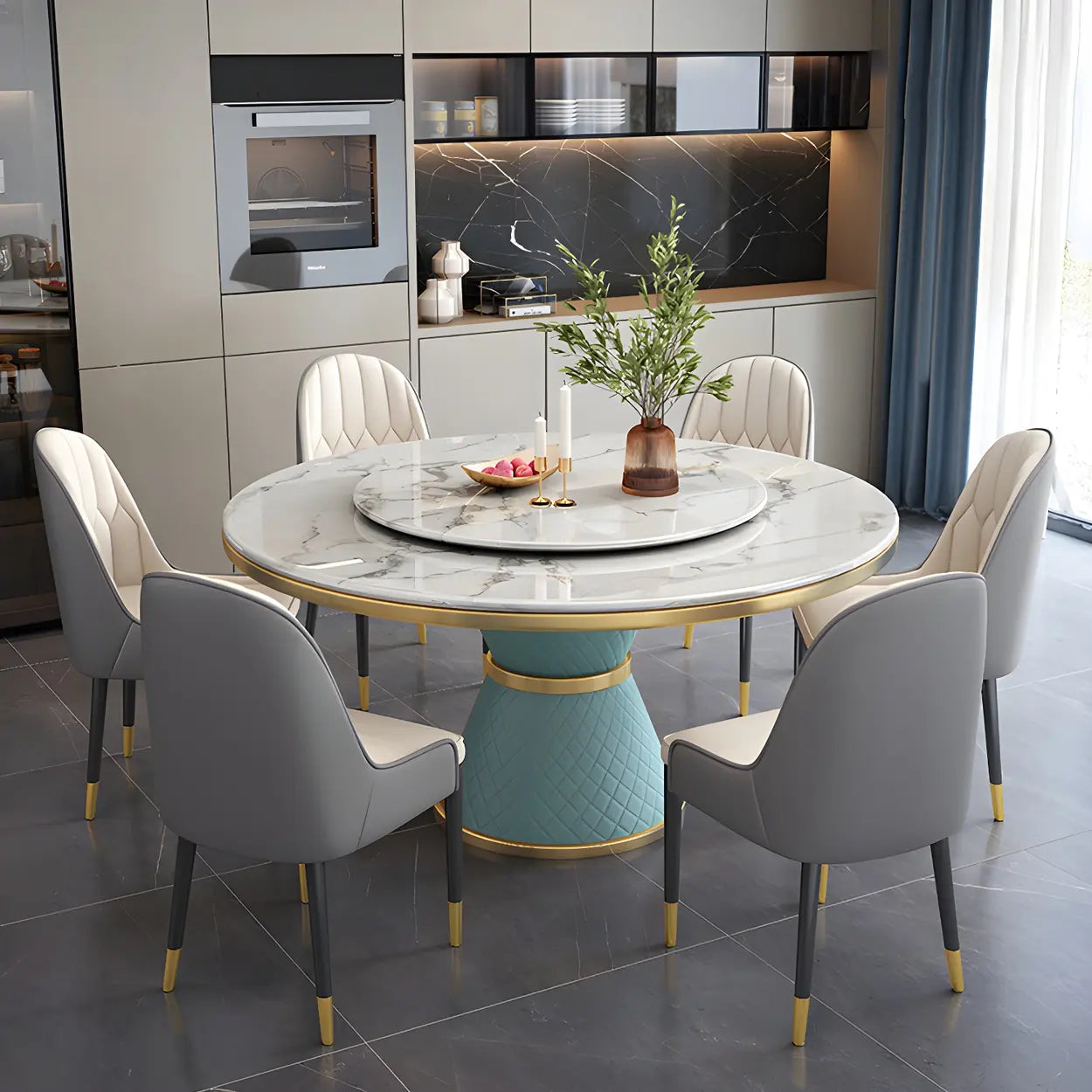 Luxury Round White Marble Dining Table — Black / Table Only