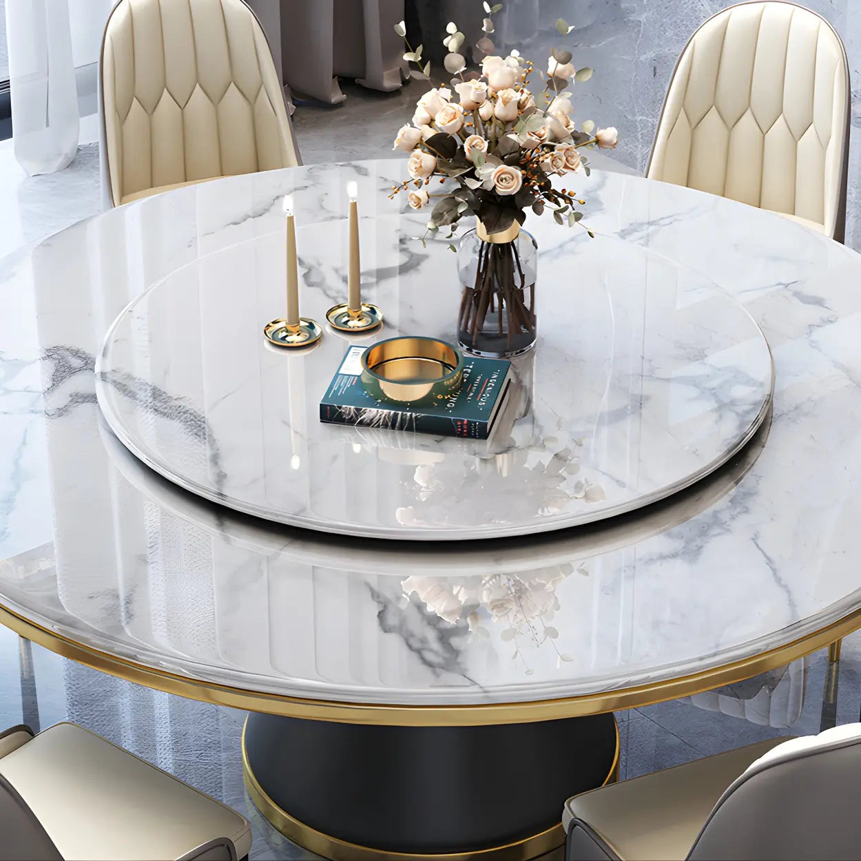 Luxury Round White Marble Dining Table — White / Table Only