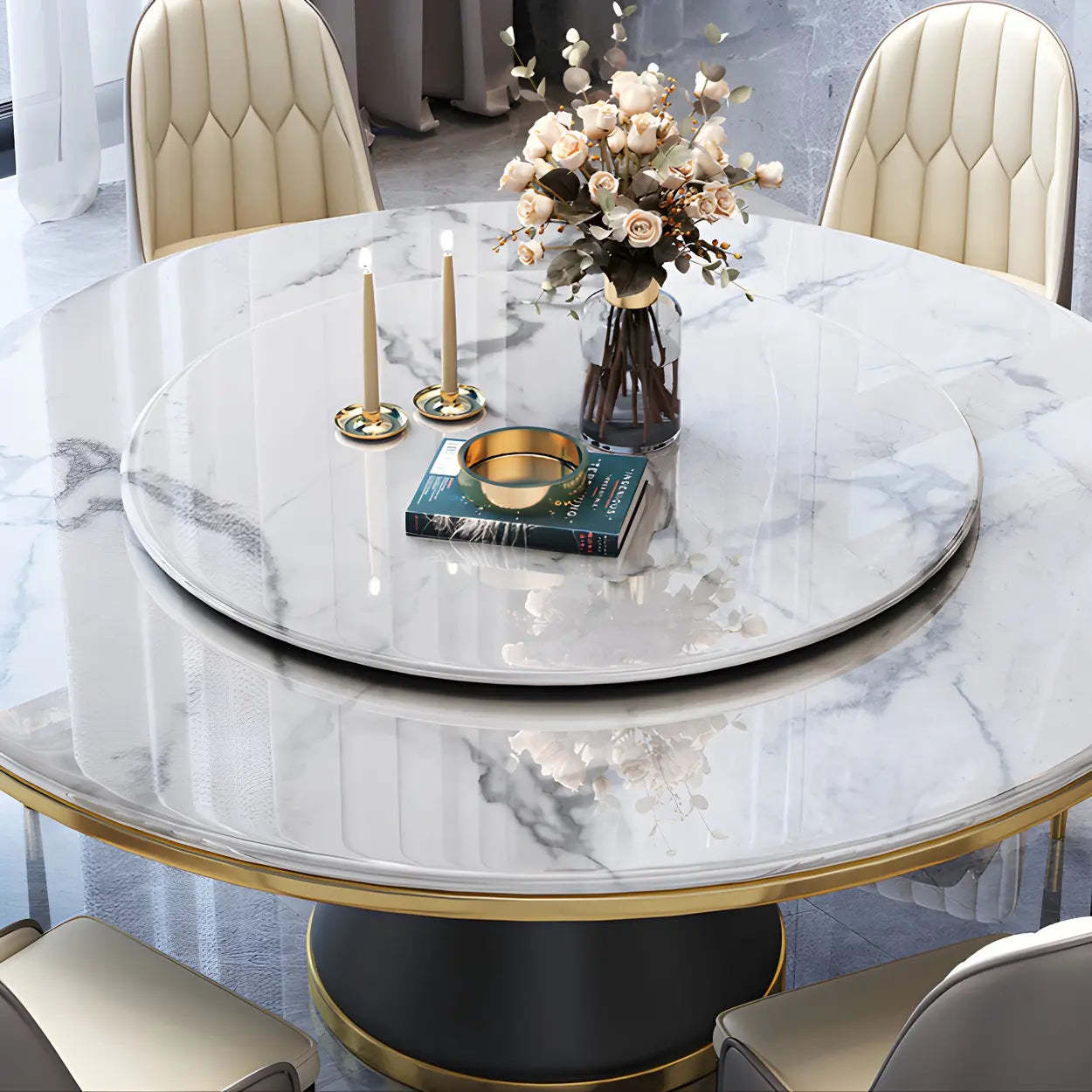 Luxury Round White Marble Dining Table — White / Table Only