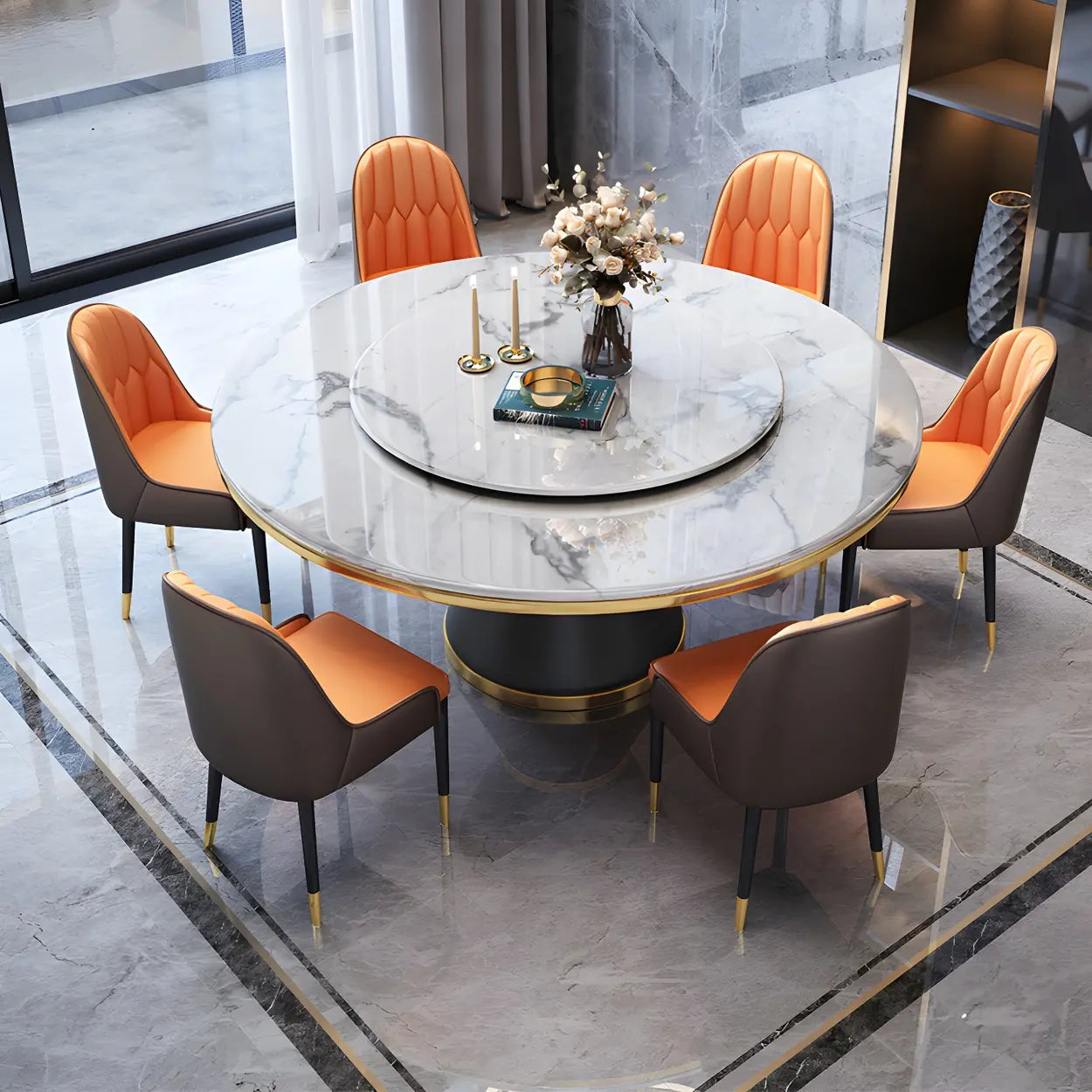 Luxury Round White Marble Dining Table — Orange / Table Only