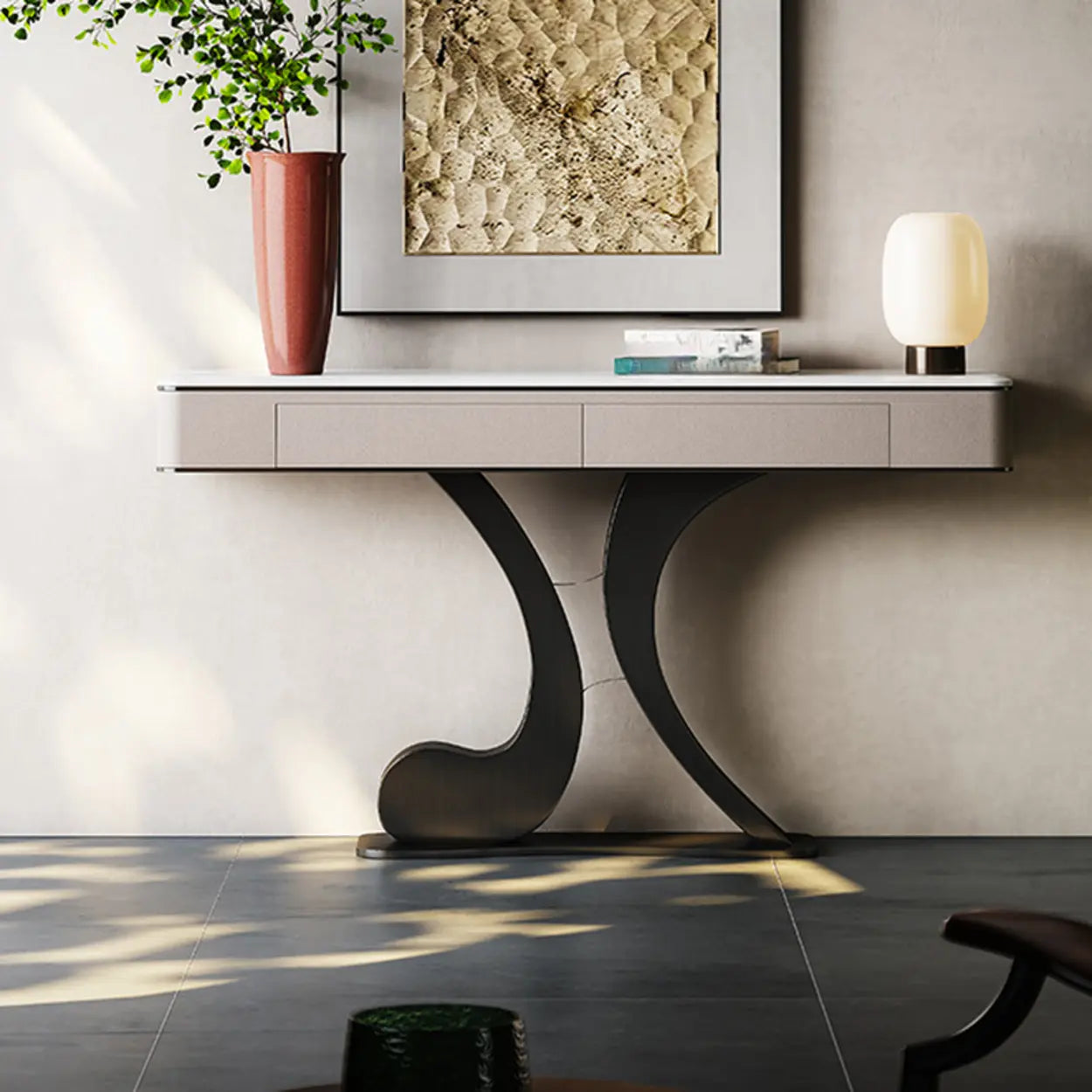 Luxury Stone Abstract Base Beige Console Table — Gray