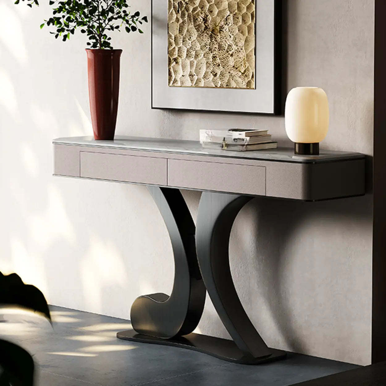 Luxury Stone Abstract Base Beige Console Table — Gray