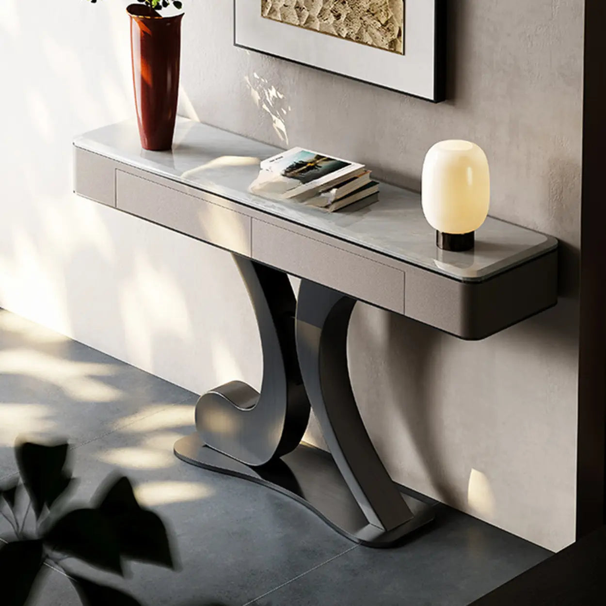 Luxury Stone Abstract Base Beige Console Table — Blue/ Black