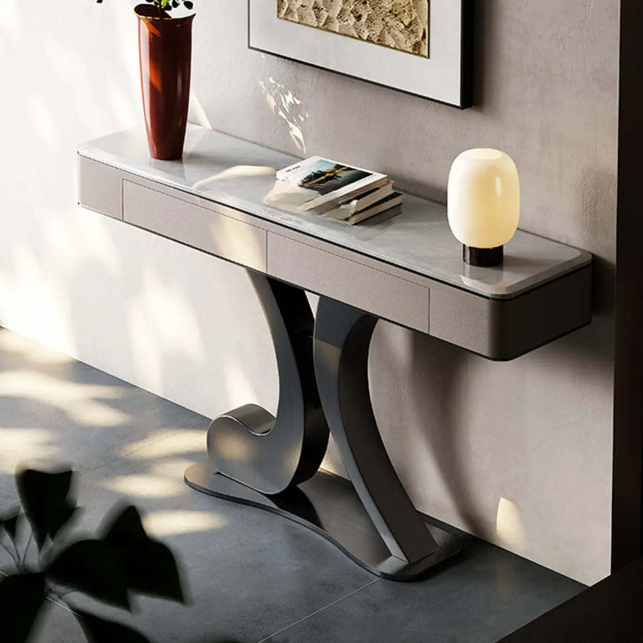 Luxury Stone Abstract Base Beige Console Table — Blue/ Black