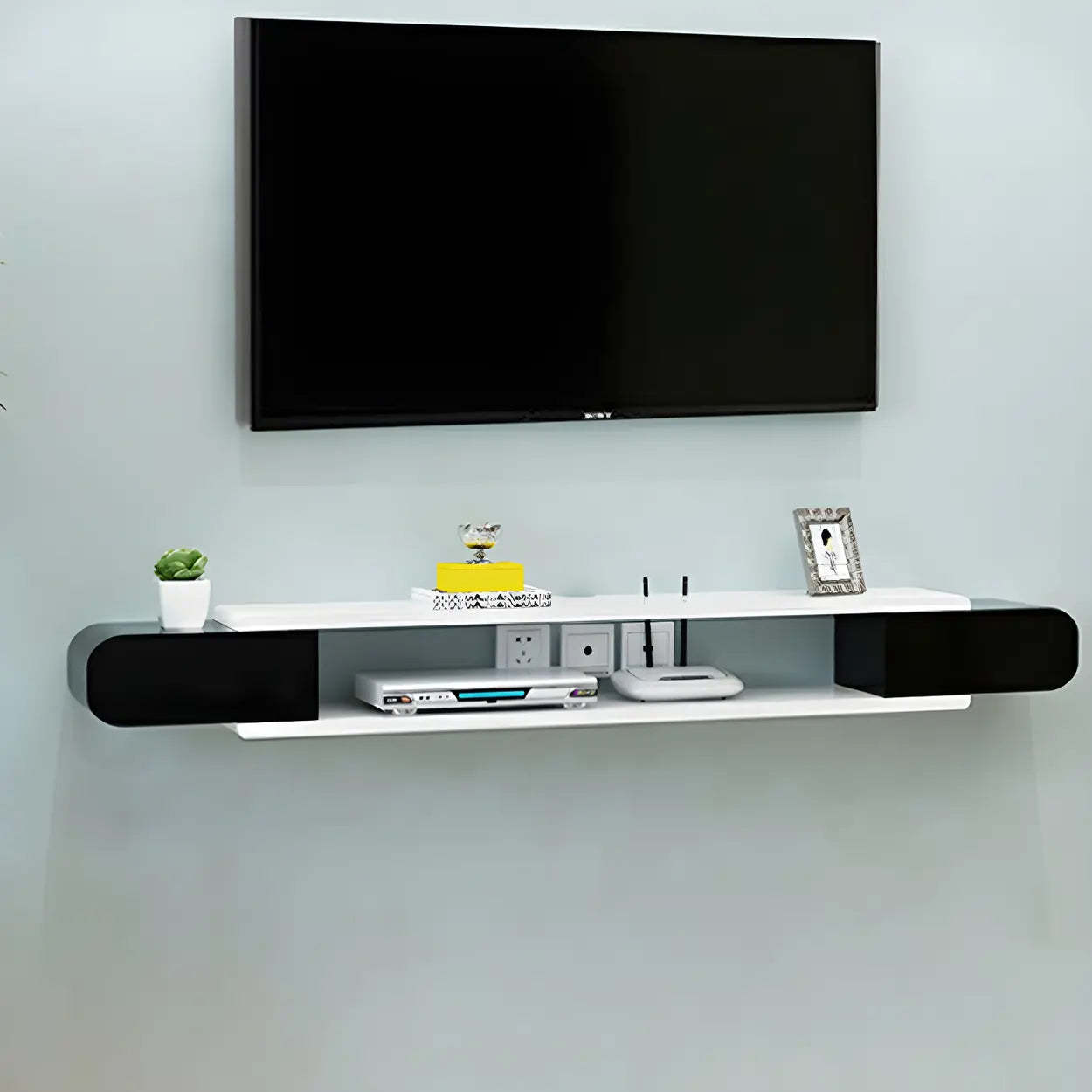 Modern open-storage stand wood tv stands — 63" L x 9" W x 6" H / White & Black