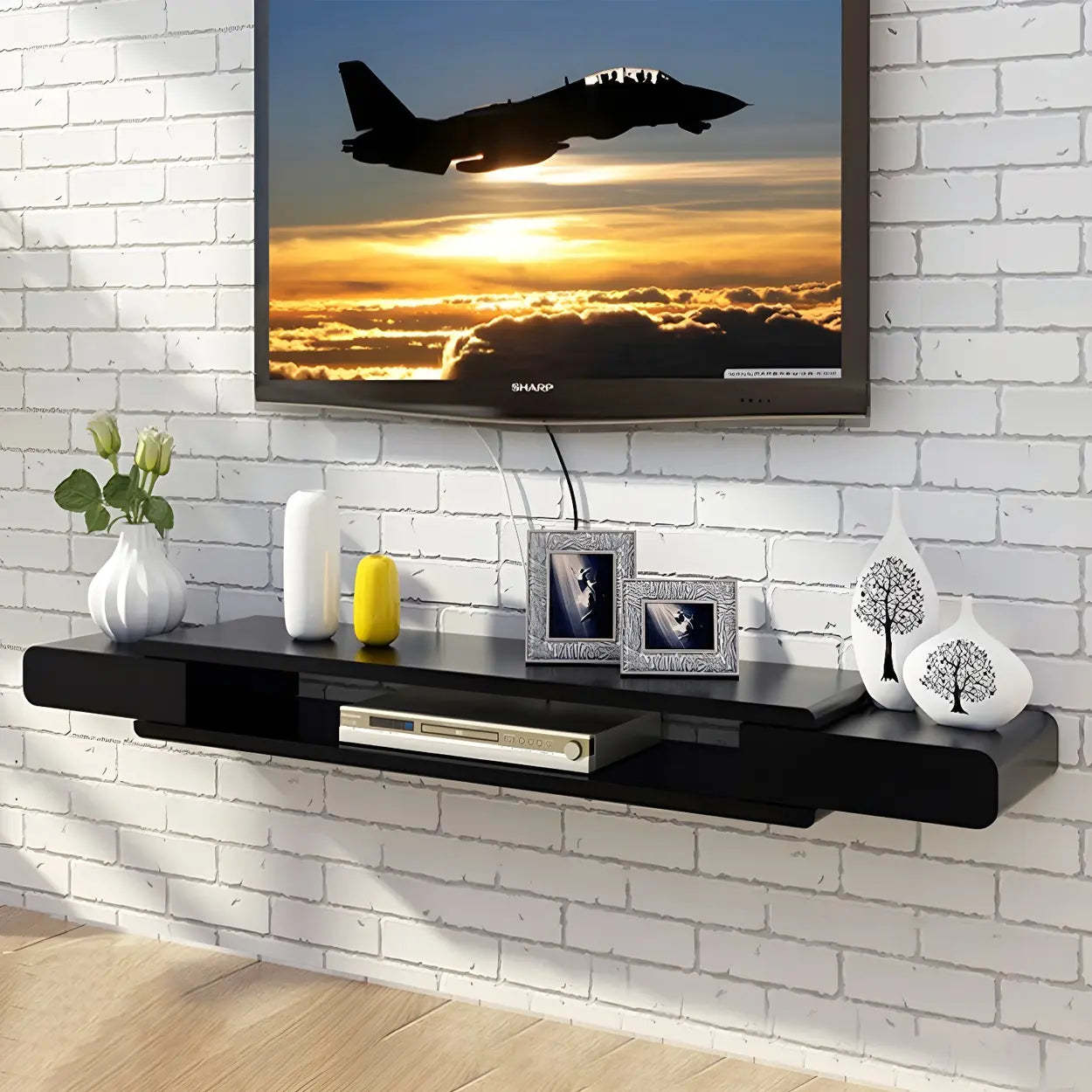 Floating Wood Open-Storage TV Stand — Black-White