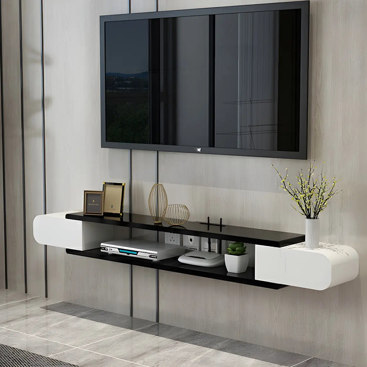 Floating Wood Open-Storage TV Stand — White-Black