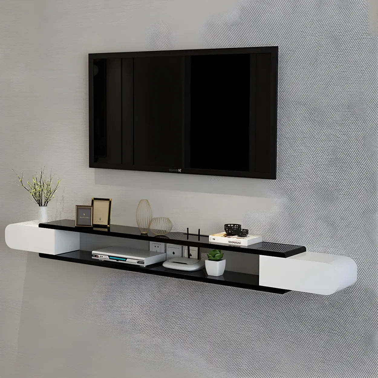 Floating Wood Open-Storage TV Stand — Black-White