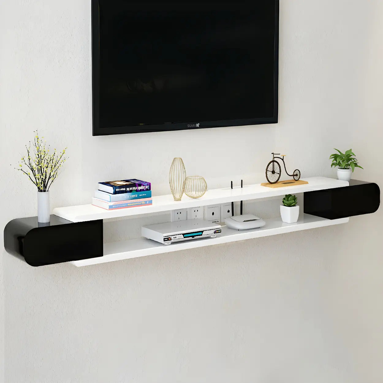 Floating Wood Open-Storage TV Stand — White-Black
