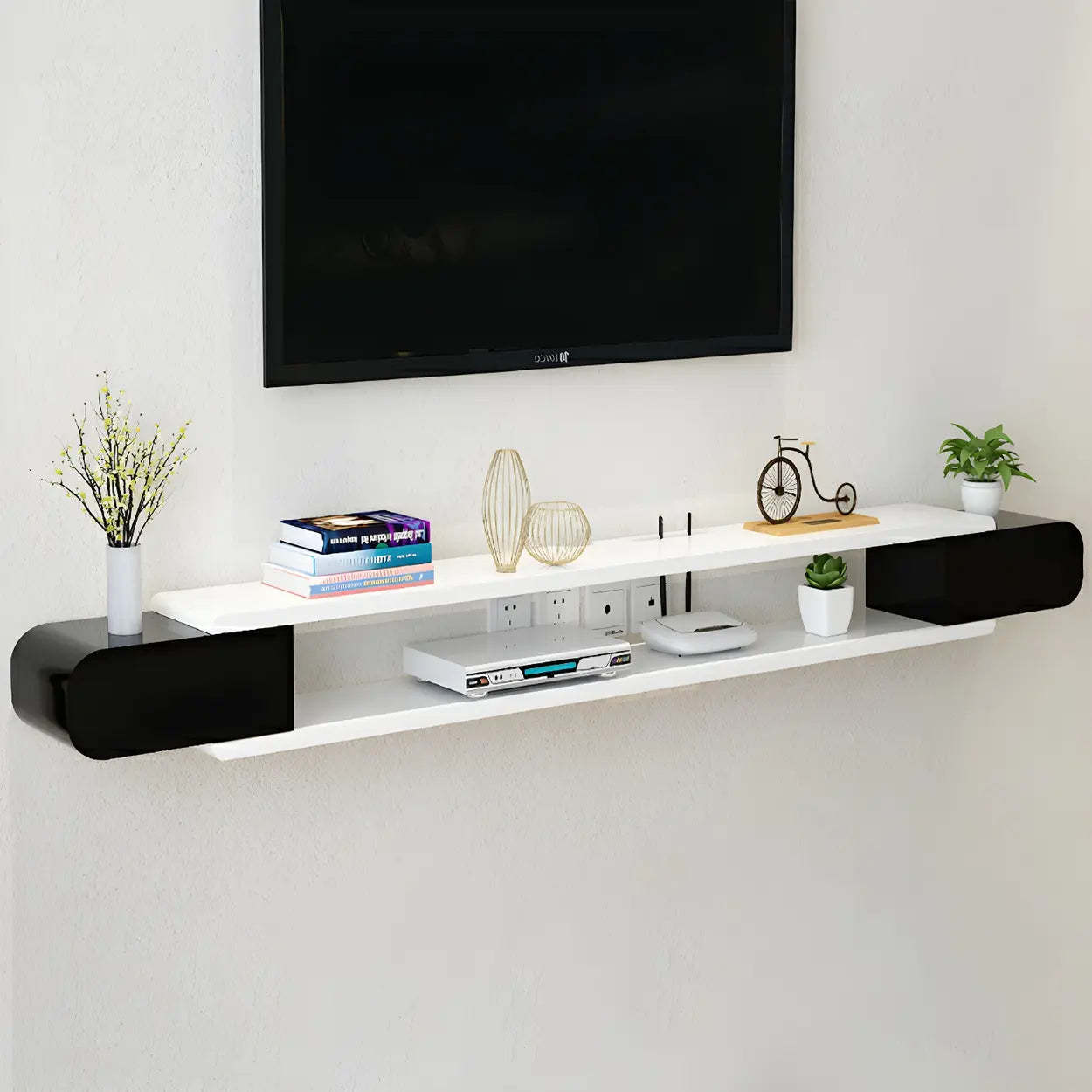 Floating Wood Open-Storage TV Stand — White-Black