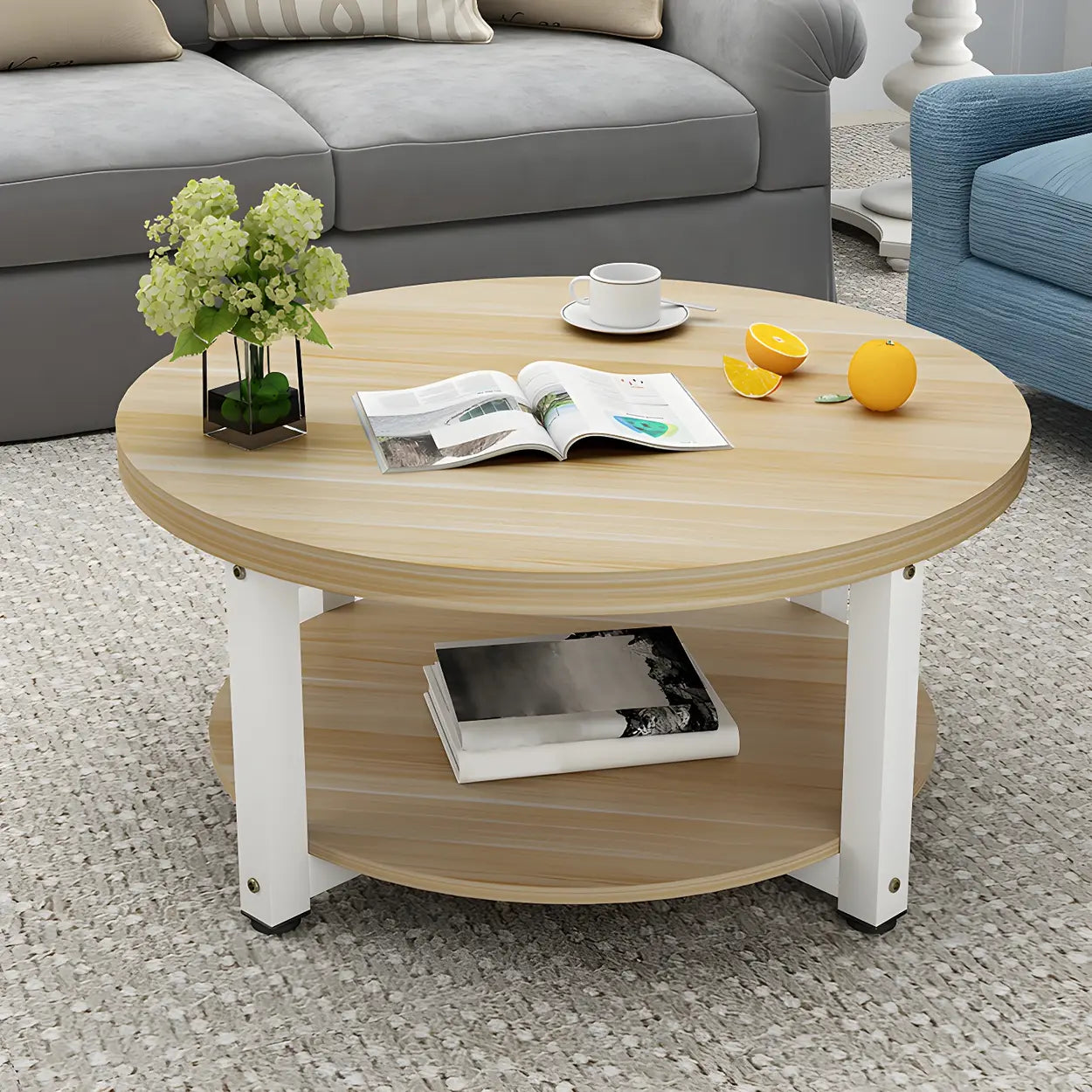 Wood Round Coffee Table with Storage Shelf
