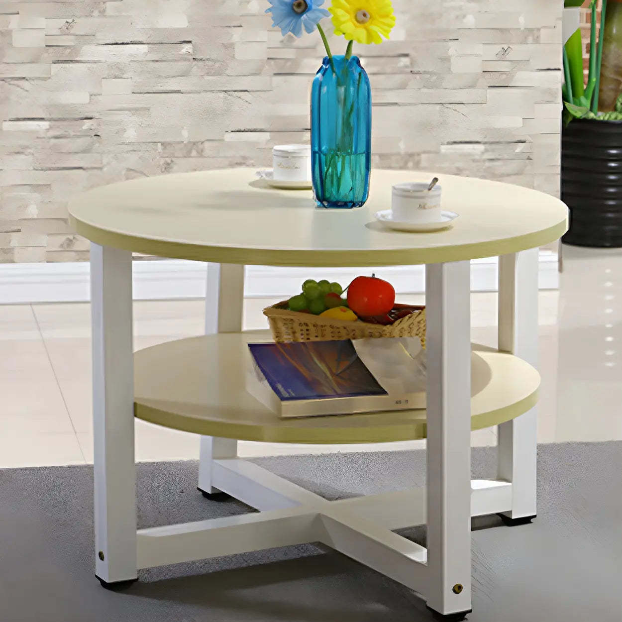 Wood Round Coffee Table with Storage Shelf — Natural Finish / Black