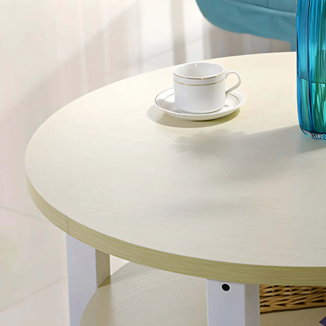Wood Round Coffee Table with Storage Shelf — Natural Finish / White