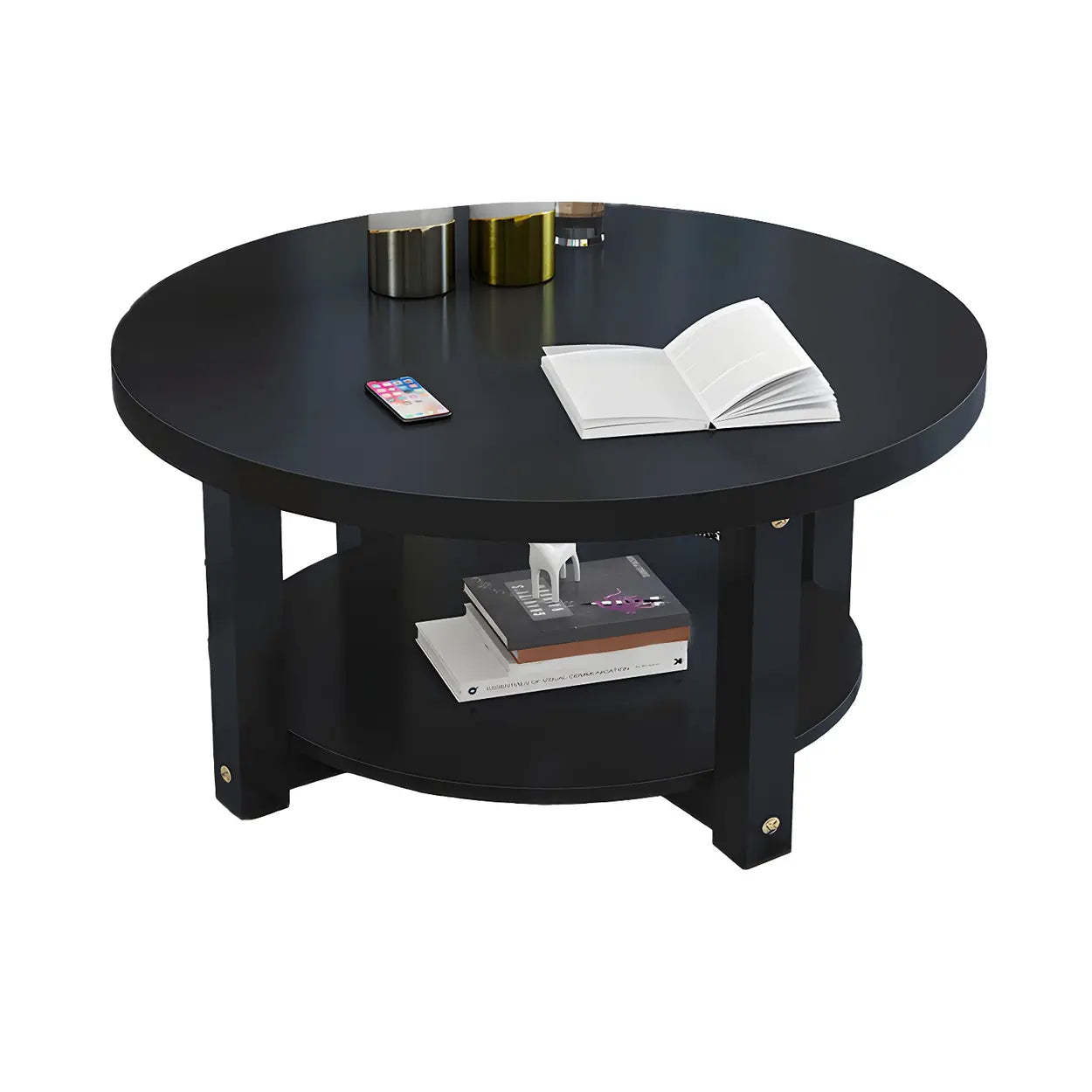 Wood Round Coffee Table with Storage Shelf — Walnut / White