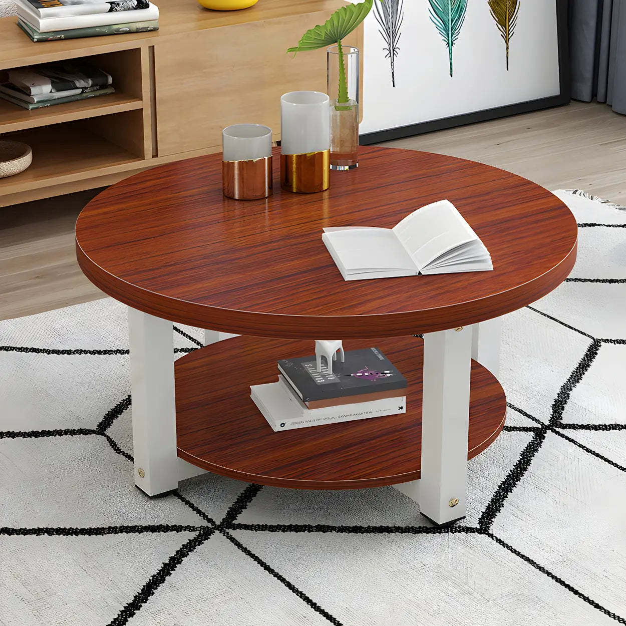 Wood Round Coffee Table with Storage Shelf — Natural / Black