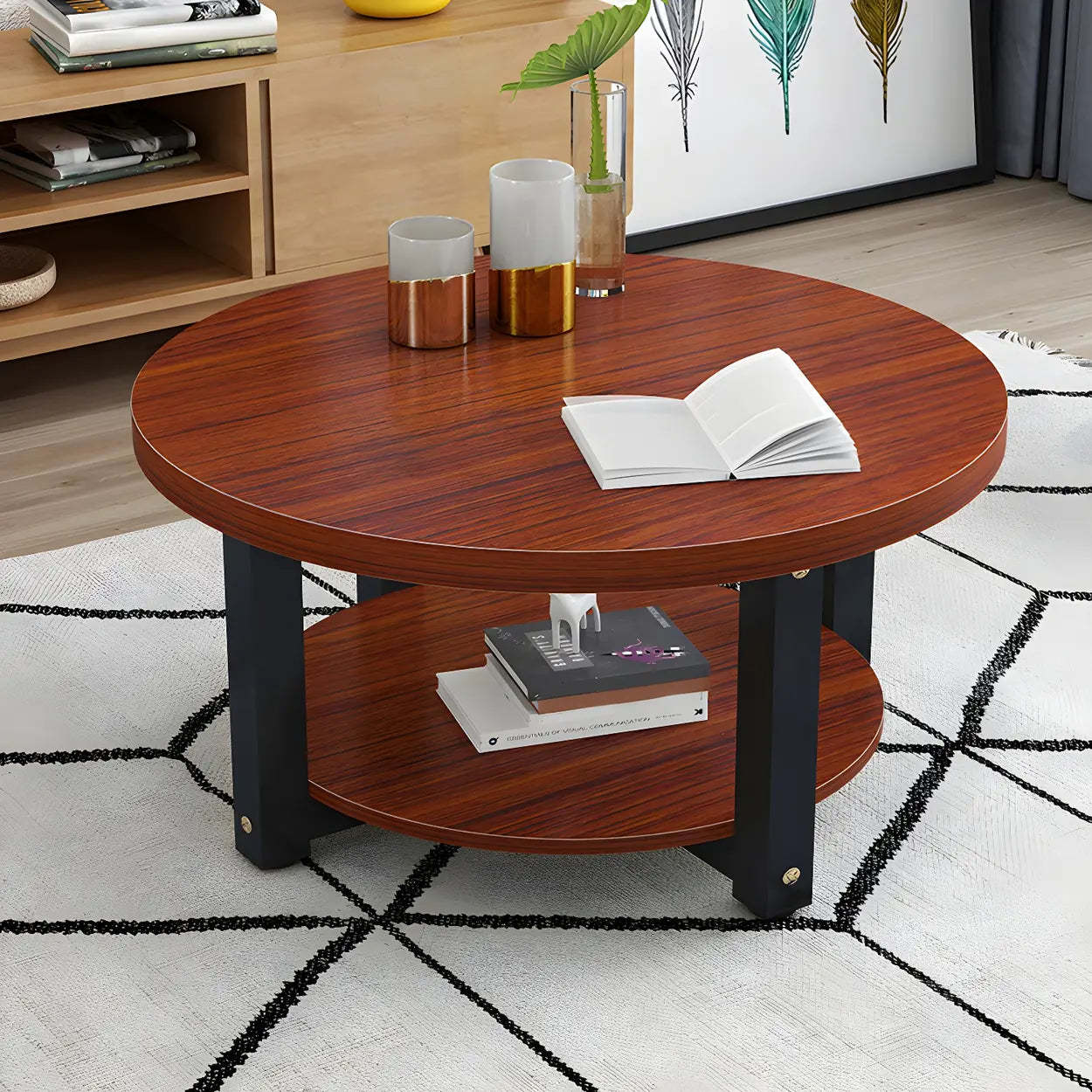 Wood Round Coffee Table with Storage Shelf — Natural / White