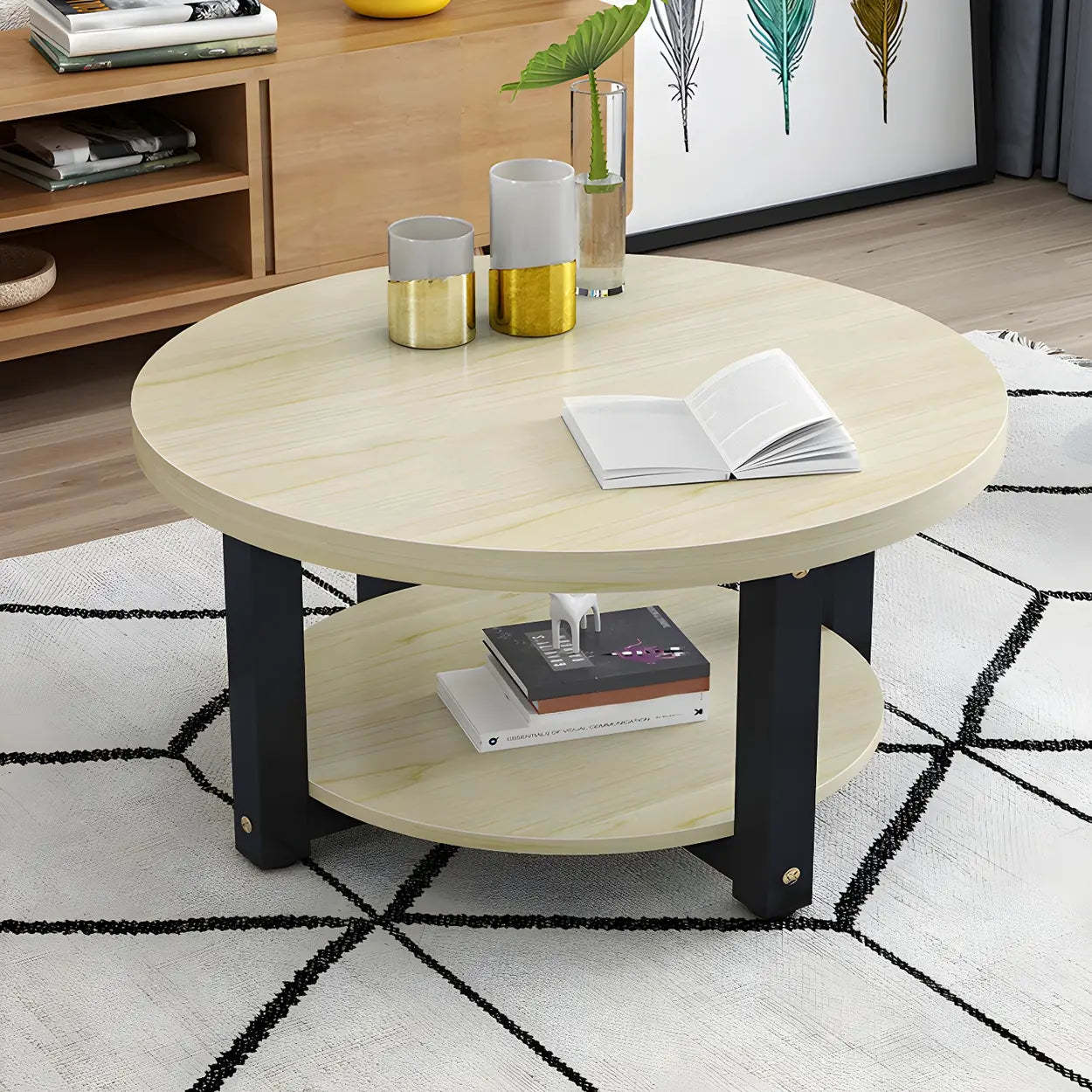 Wood Round Coffee Table with Storage Shelf — Black / Black