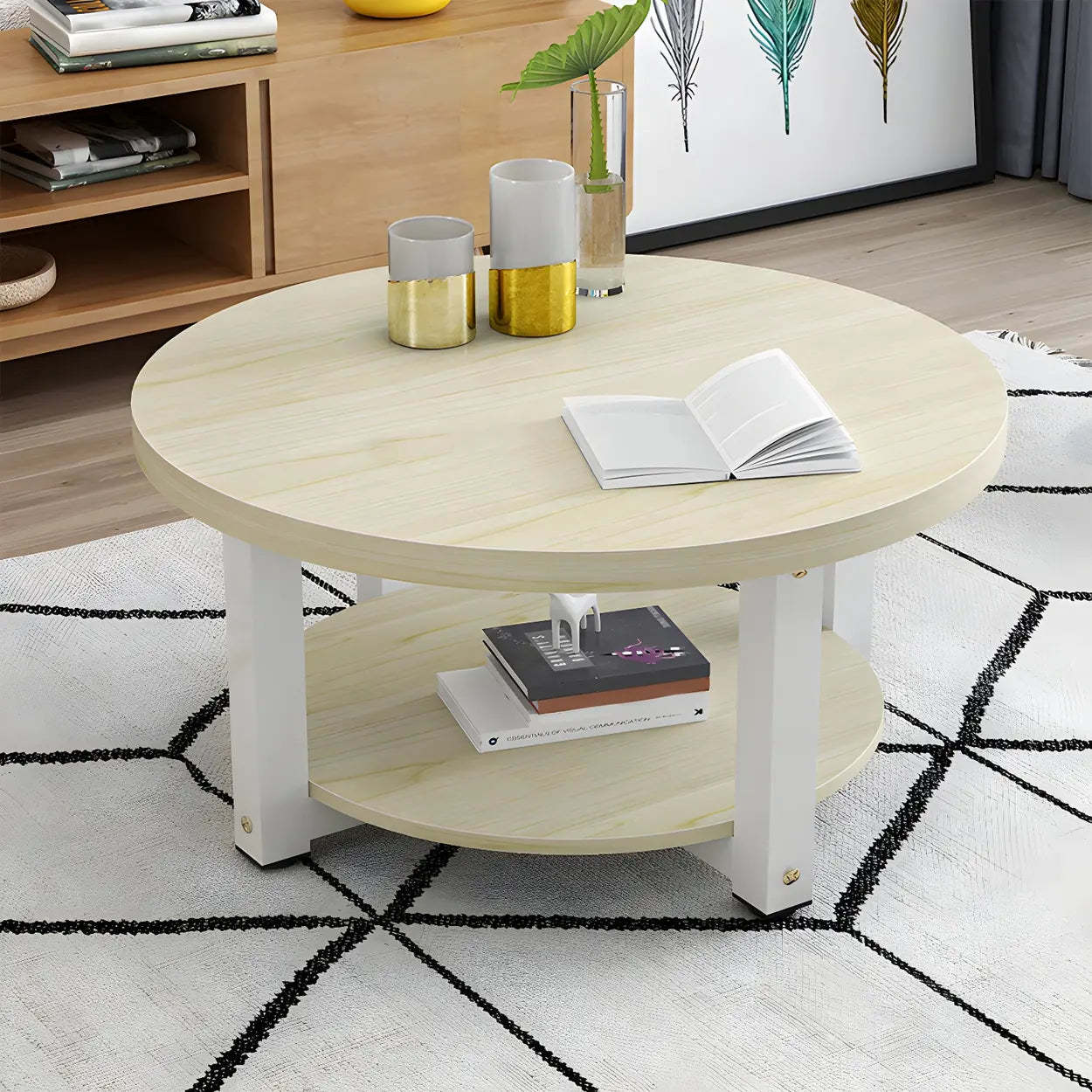 Wood Round Coffee Table with Storage Shelf — White / Black