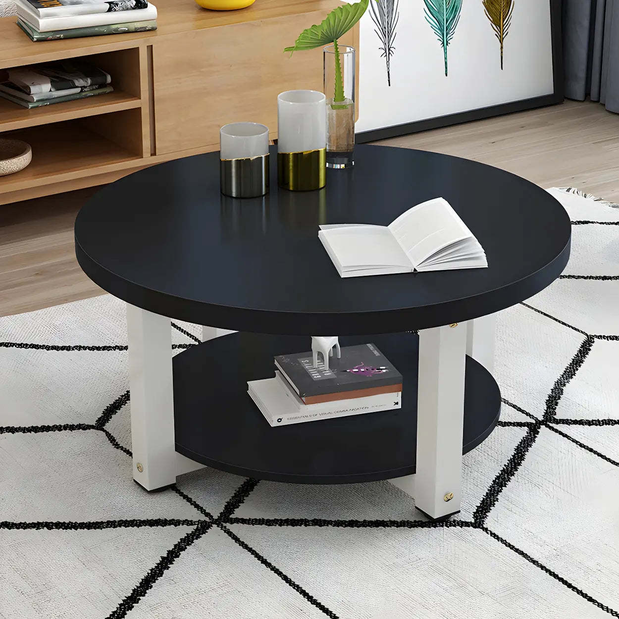 Wood Round Coffee Table with Storage Shelf — Black / Black