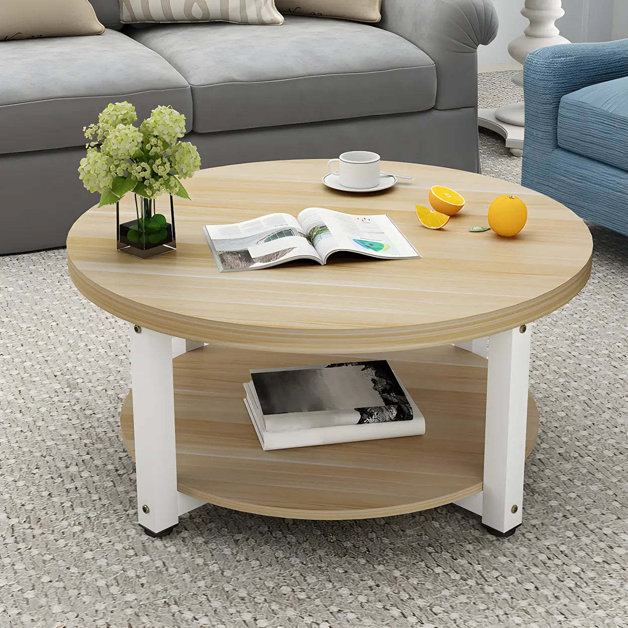 Wood Round Coffee Table with Storage Shelf — Black / Black