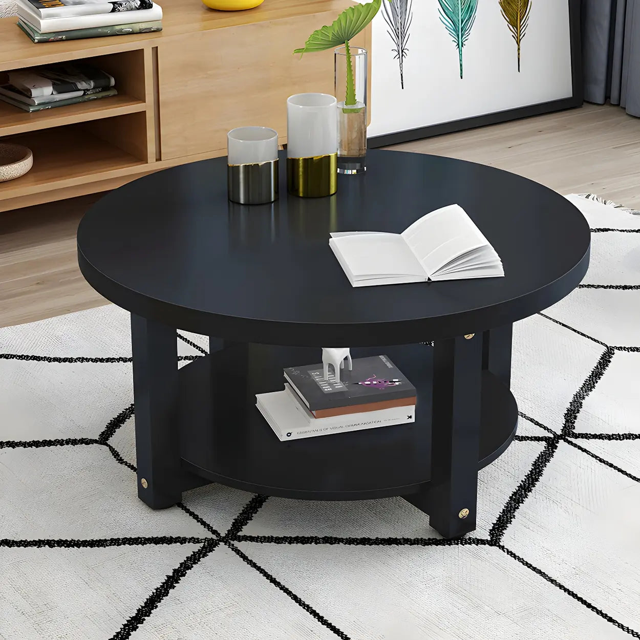 Wood Round Coffee Table with Storage Shelf — White / Black