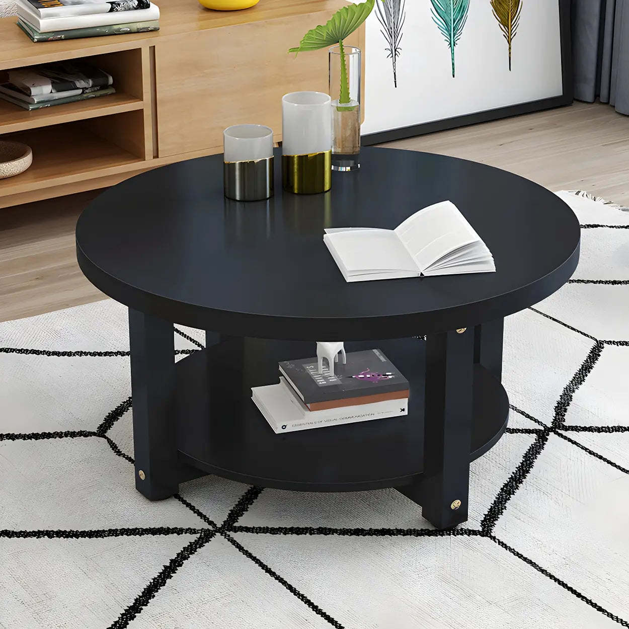 Lighom modern round storage wood coffee tables — Dia 31.5" x 17.7" H / Black / Black