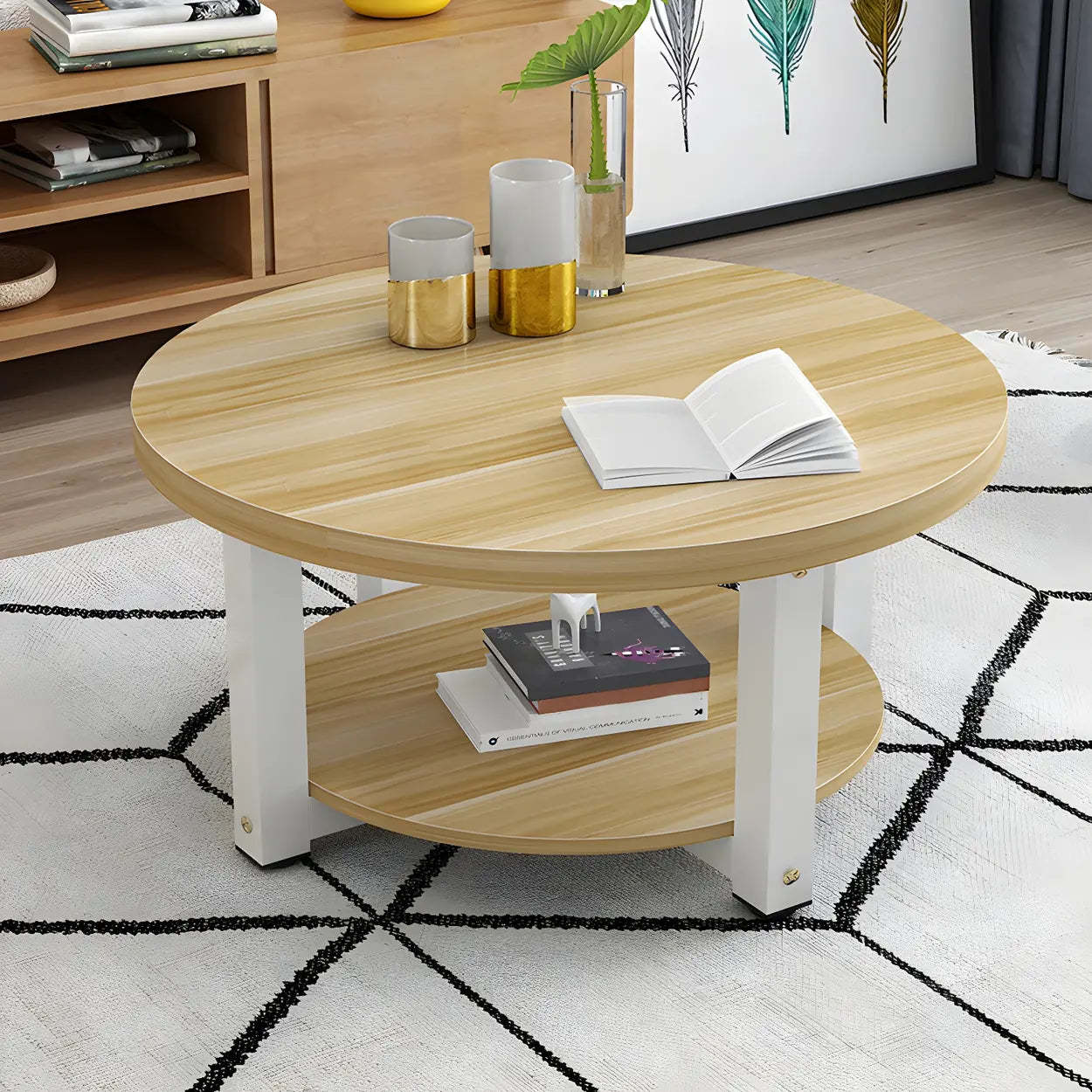Wood Round Coffee Table with Storage Shelf — Black / Black
