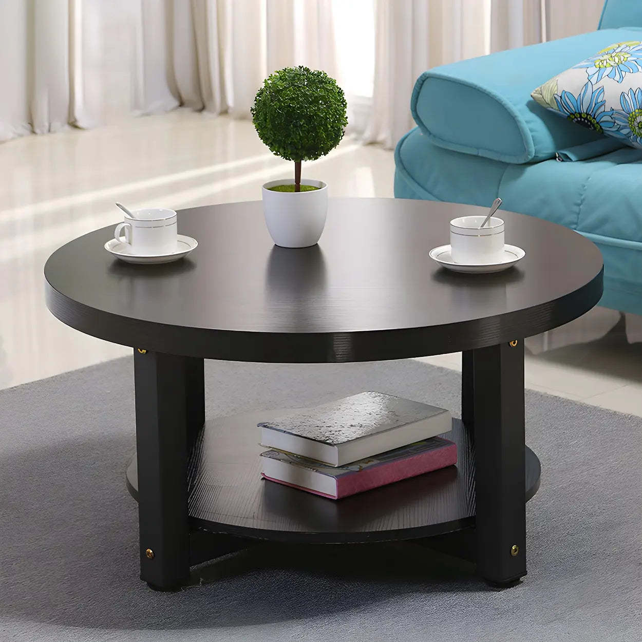 Wood Round Coffee Table with Storage Shelf — White / Black