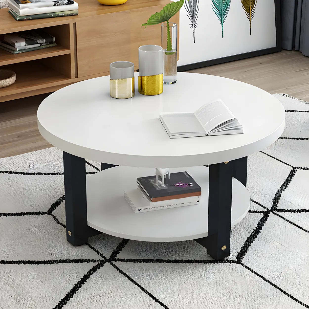 Wood Round Coffee Table with Storage Shelf — Black / Black