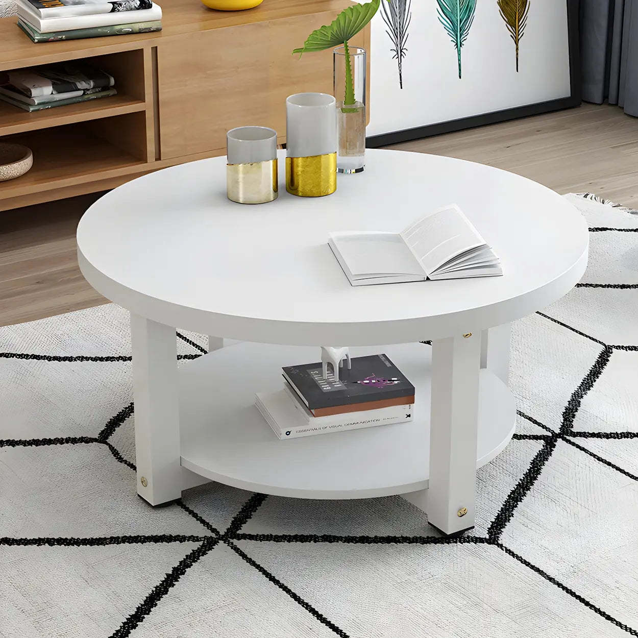 Wood Round Coffee Table with Storage Shelf — Black / Black