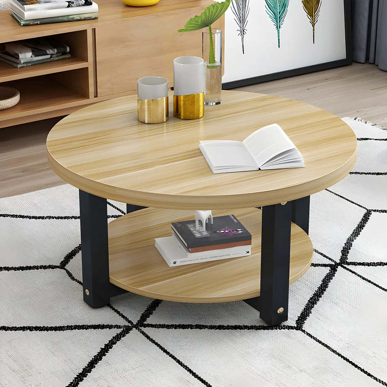 Wood Round Coffee Table with Storage Shelf — Black / White