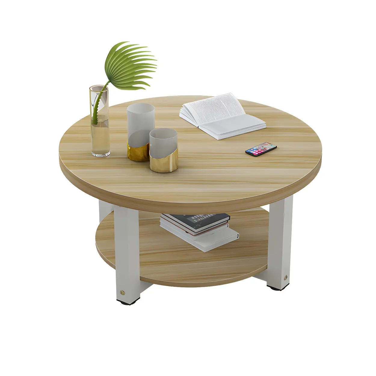 Wood Round Coffee Table with Storage Shelf — White / Black