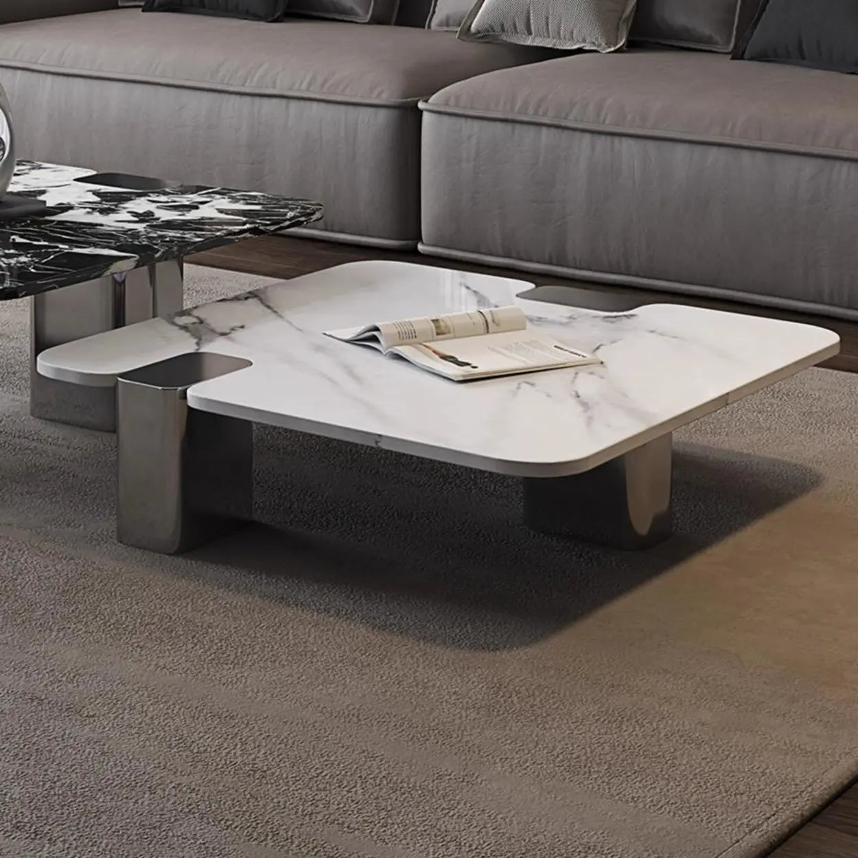 Marble Square Three Stainless Steel Leg Coffee Table