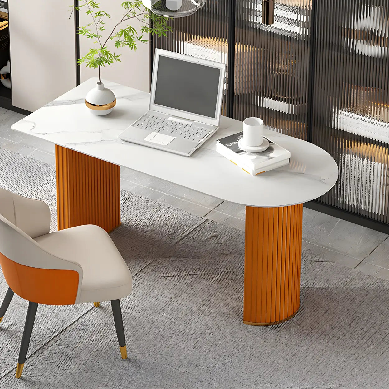 Marble Stone Peninsula Steel-Sled Writing Desk