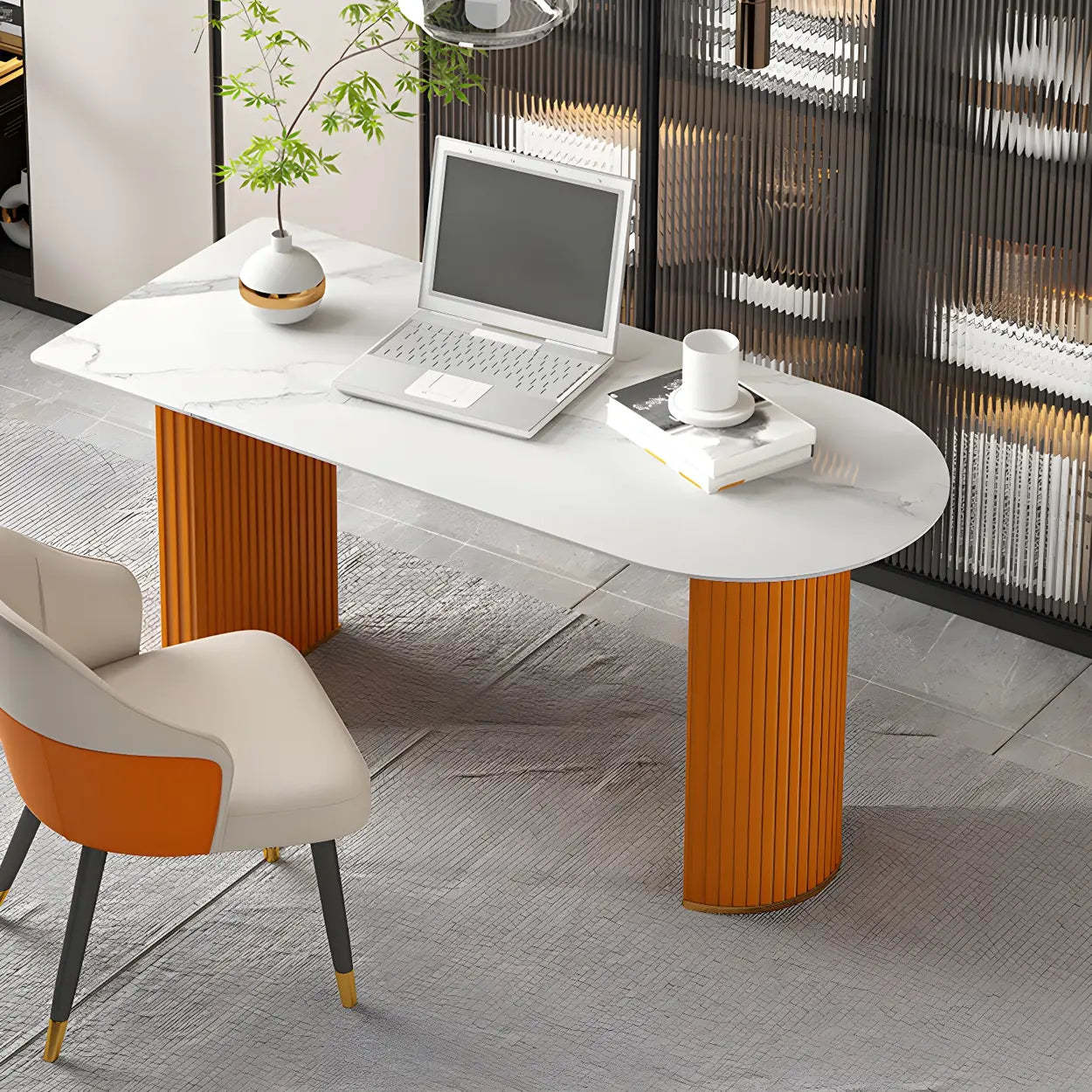 White modern desk steel-sled desks — 47.2" L x 23.6" W x 29.5" H / Orange