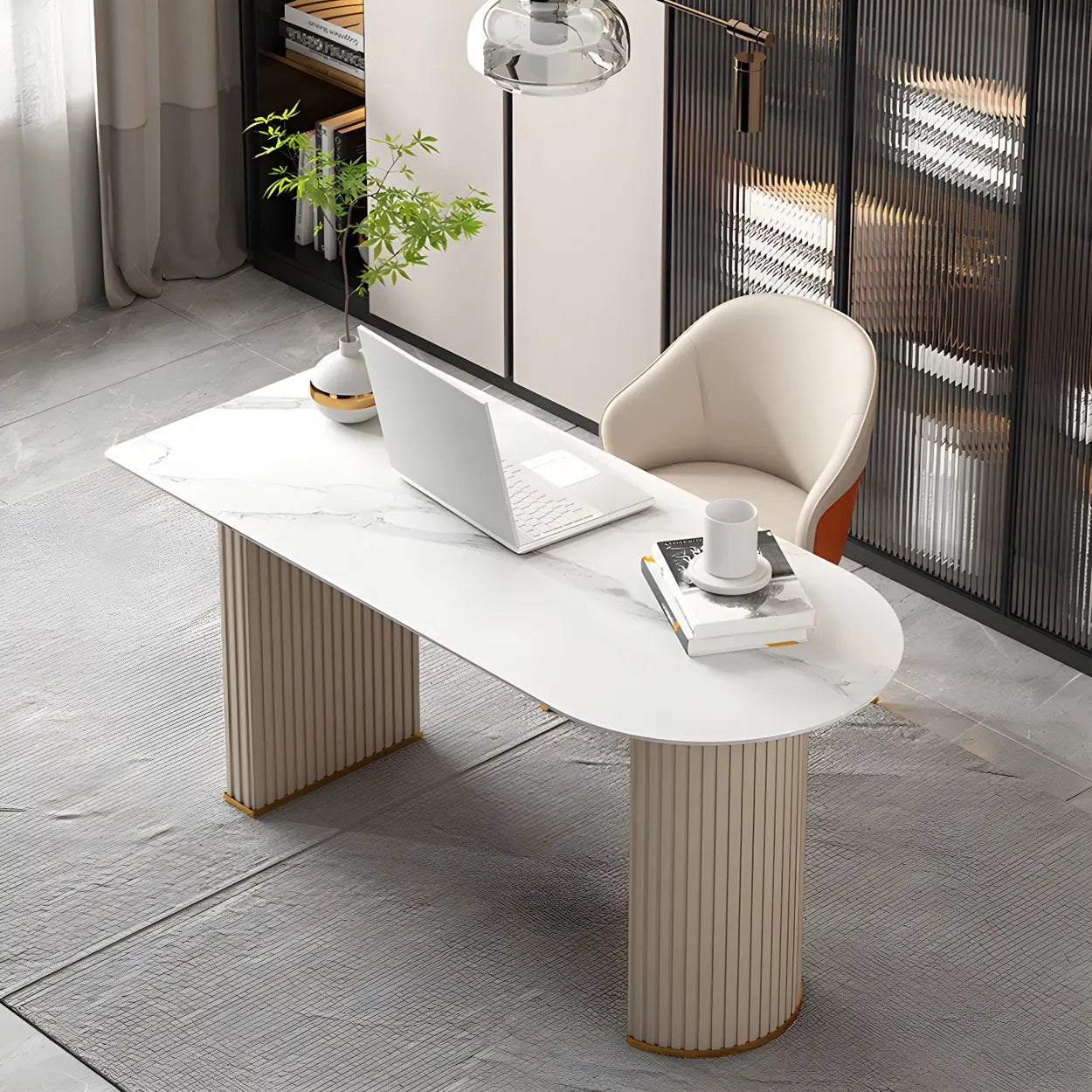Marble Stone Peninsula Steel-Sled Writing Desk — Off-White / Table Only