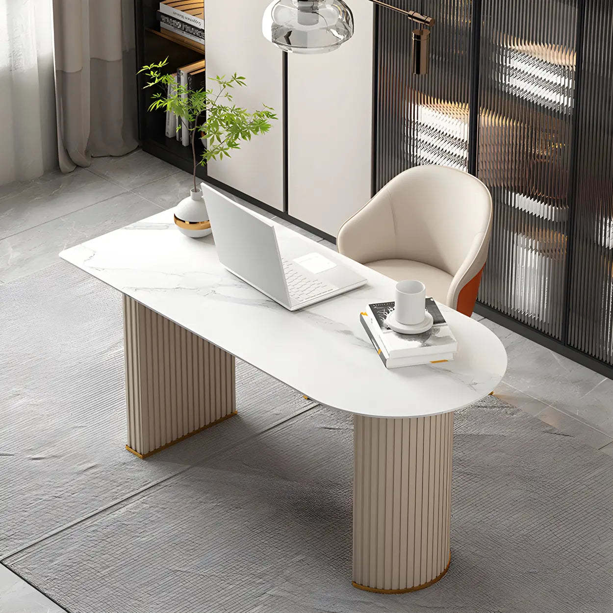 Marble Stone Peninsula Steel-Sled Writing Desk — Off-White / Table Only
